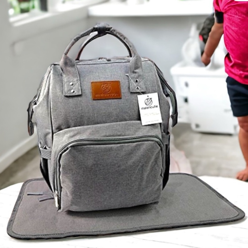 Grey Baby Backpack with Changing Mat - Stylish and Functional Easy care.